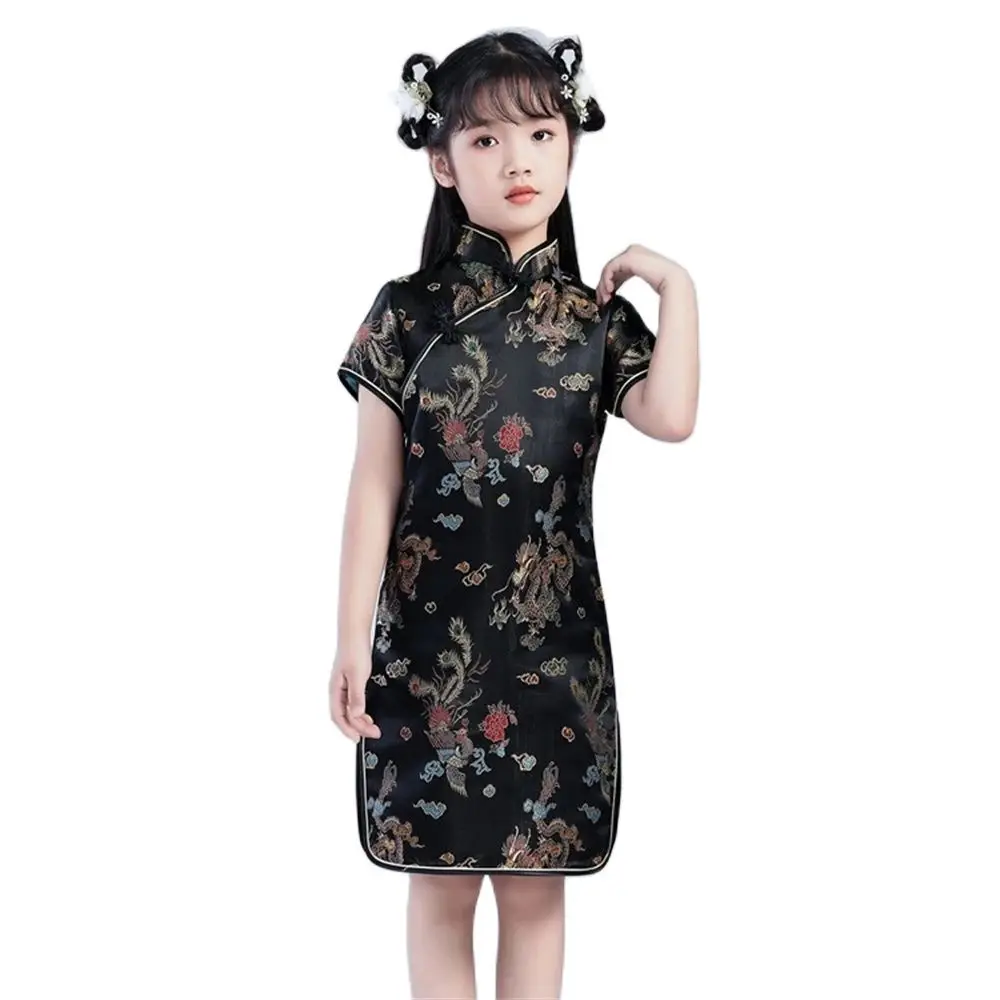 Children's Qipao New Summer Retro Princess Dress Chinese Style Girls' Improved Short Sleeves Cheongsam Elegant Party Clothing