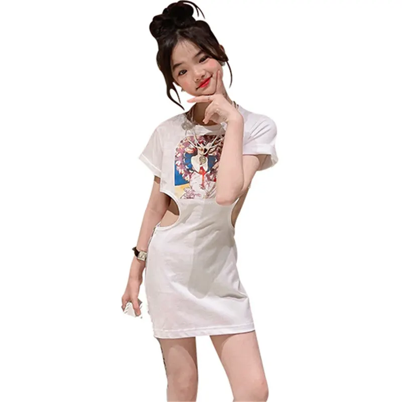 

Hip Hop Girl Summer T-Shirt Dress Cartoon Pattern Long Tees Tops Casual Short Sleeve Waist Cavern Out Dresses 5 7 9 10 11 12 Yrs