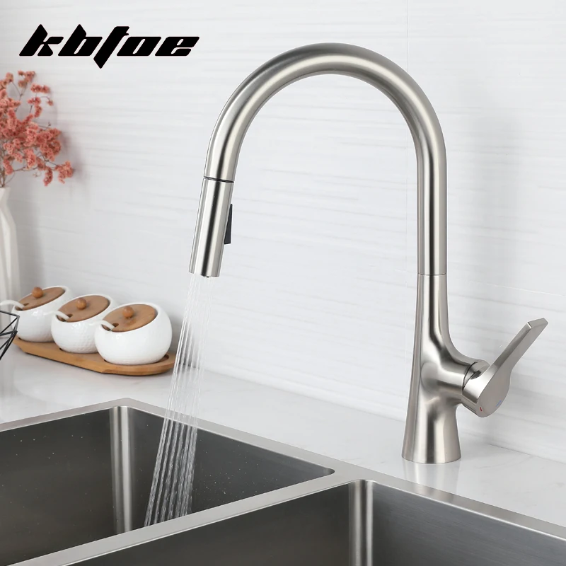 

Brushed Nickel Pull Out Kitchen Faucet Deck Mounted Stream Sprayer Hot Cold Water Wash Sink Mixer Tap Brass 360 Rotation Crane