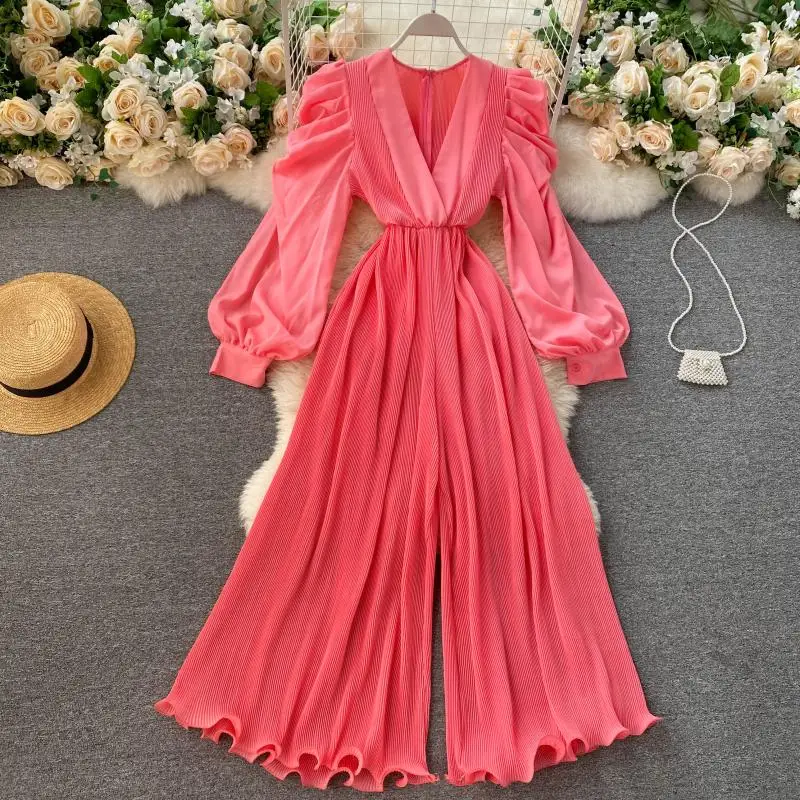 

Lady Retro One-Piece V-neck Long Puff Sleeve High Waist Slim Wooden Ear Wide Leg Jumpsuits Women Solid Color Overalls P266