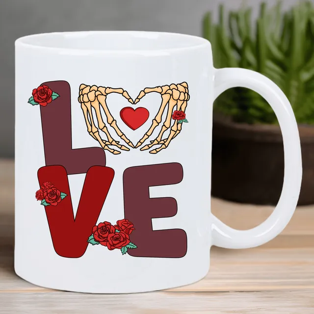 Retro Valentine's Love Ceramic Coffee Mug – Reusable, Hand-Wash Only, White with Skeleton Hands & Roses Design – Perfect Gift fo