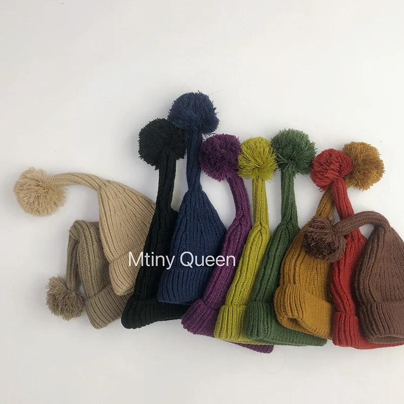 

2024 Infant Baby Autumn Winter Beanies Knitted Patched Ball Toys Beanies Cotton Thick Stretch Warm Children Beanies
