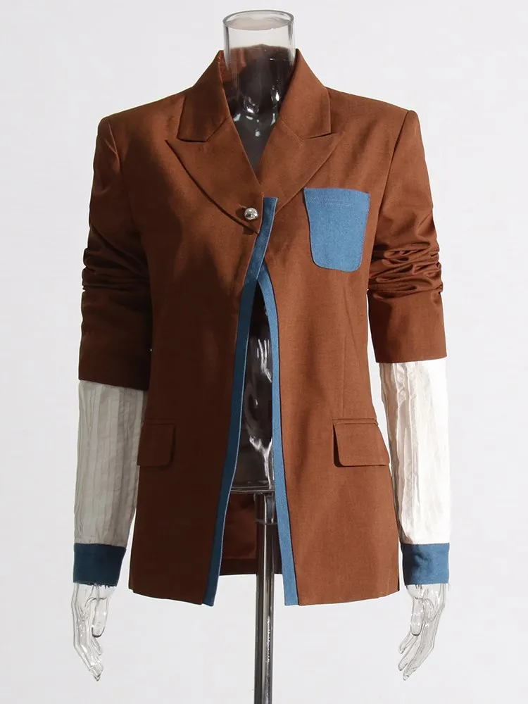 KBQ Chic Colorblock Blazer For Women Notched Collar Long Sleeve Patchwork Denim Split Casual Blazers Female Autumn Fashion Style