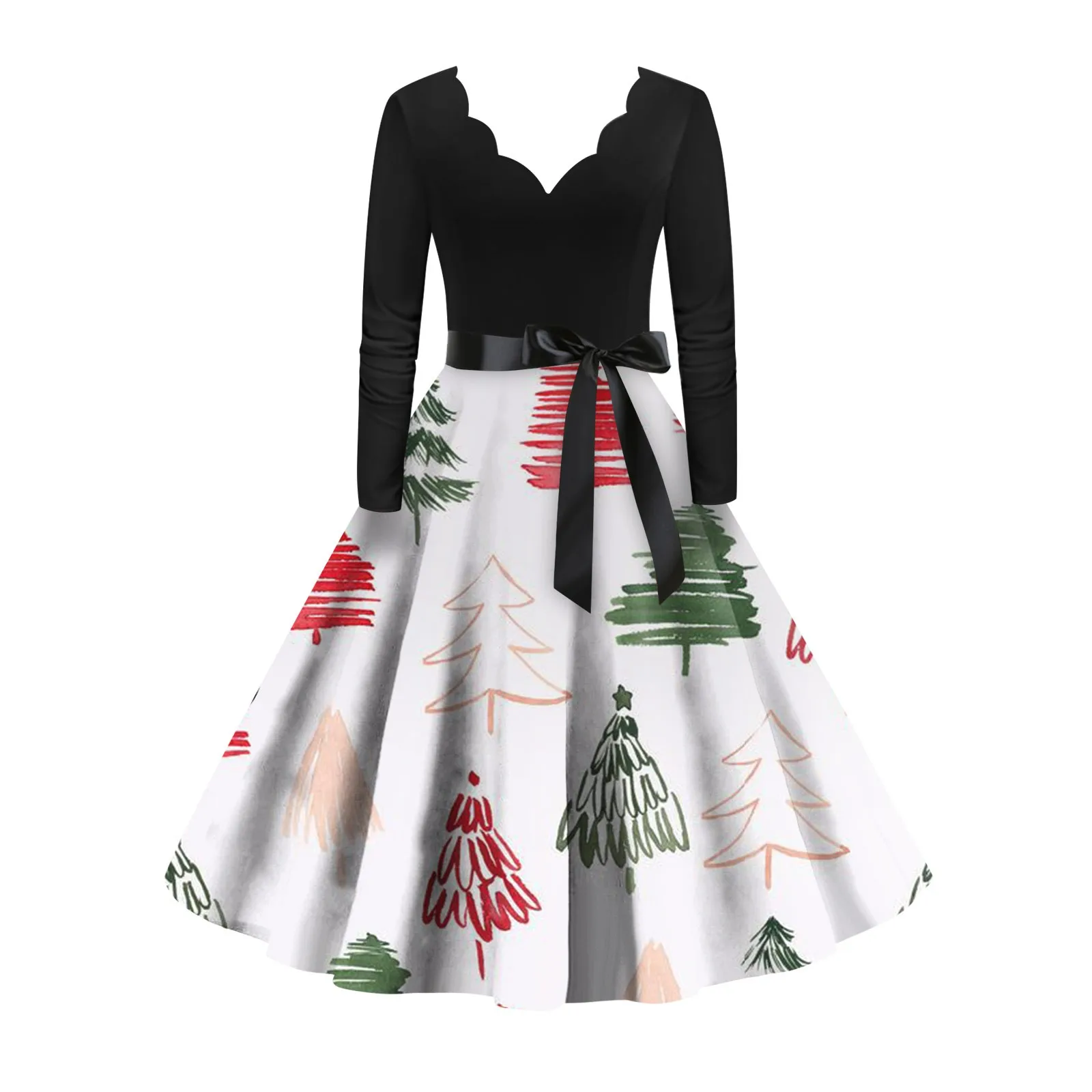 

Christmas Black Dress Big Swing Print Vintage Christmas Dress Women Winter Casual Long Sleeve V Neck Sexy New Year Party Dress