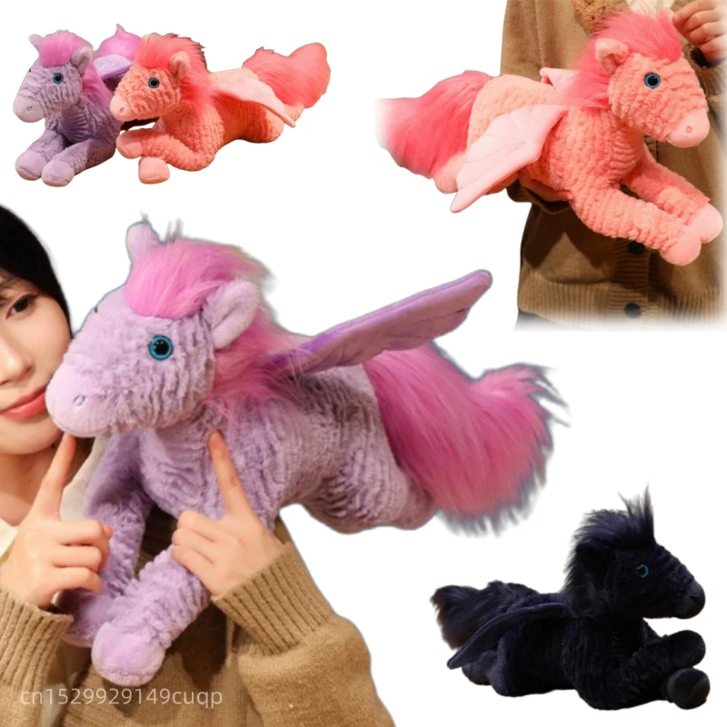 Nice 1pc 48cm Fantastic Pegasus Plush Pillow Stuffed Soft Lying Animal With Wings Plushie Pink Purple Blue Birthday Gift