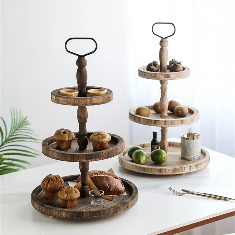 American Country Style Storage Tray Home Buffet Dessert Display Rack Family Party Wooden Cake