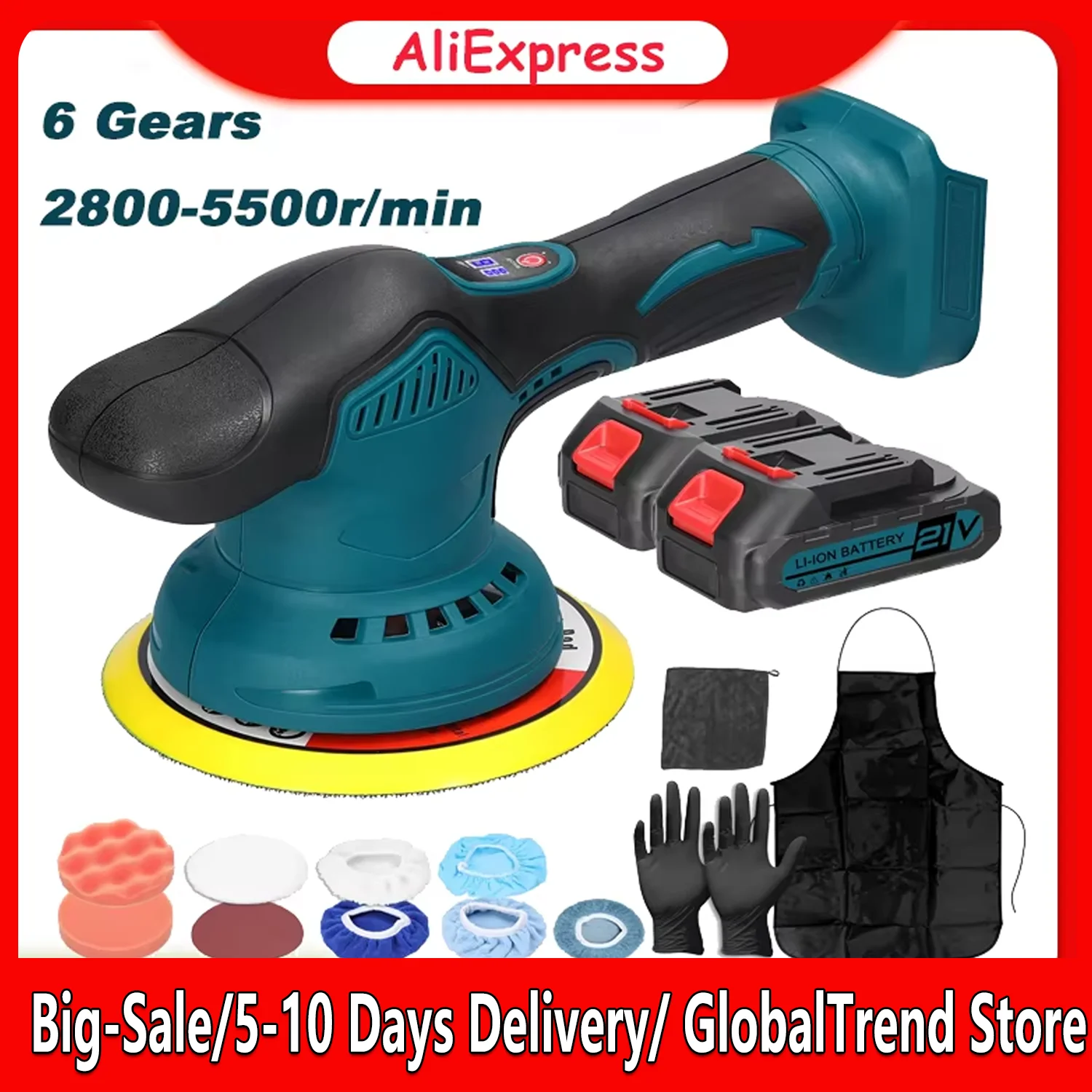 21V Cordless Car Polisher 6 Gears Speeds Adjustable Electric Auto ...