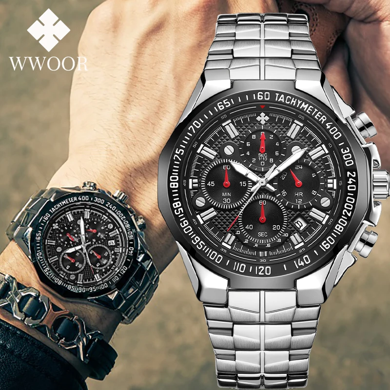 2024 WWOOR Men's Watch Top Brand Luxury Black Wrist Watch Fashion Sports Chronograph Steel Quartz Men Watches Relogio Masculino 