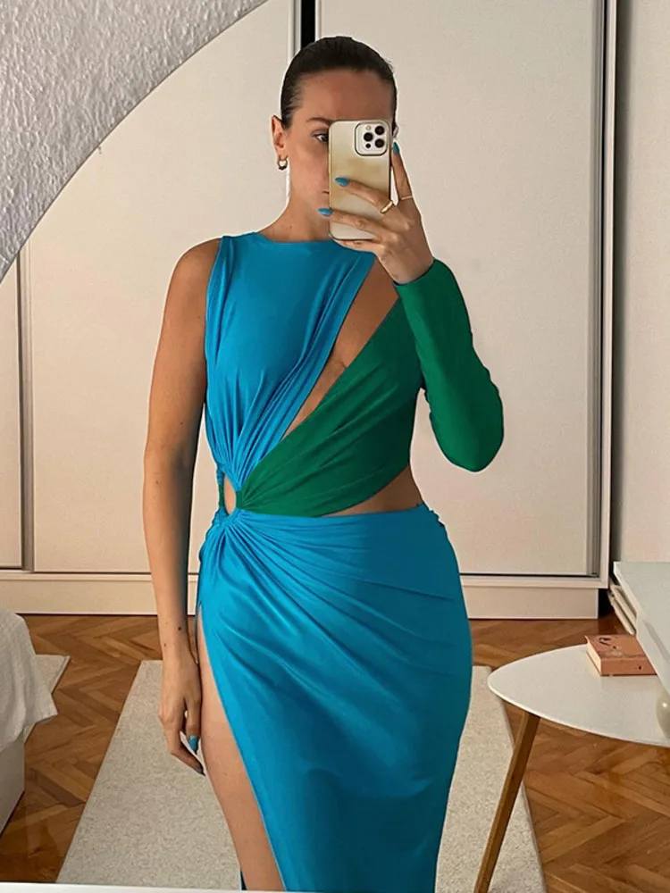 Women's clothing sexy stripes hollow out split long dress