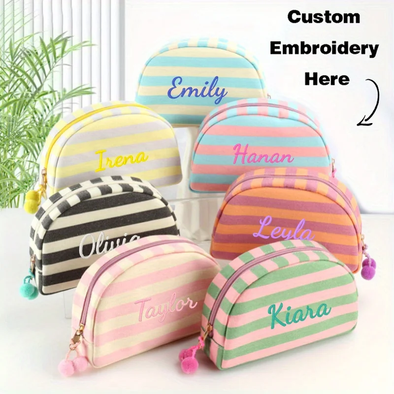 Custom Embroidered Striped Makeup Bag Personalized Name Colorful Travel Toiletry Organizer Bridesmaid Holiday Essentials Pouch