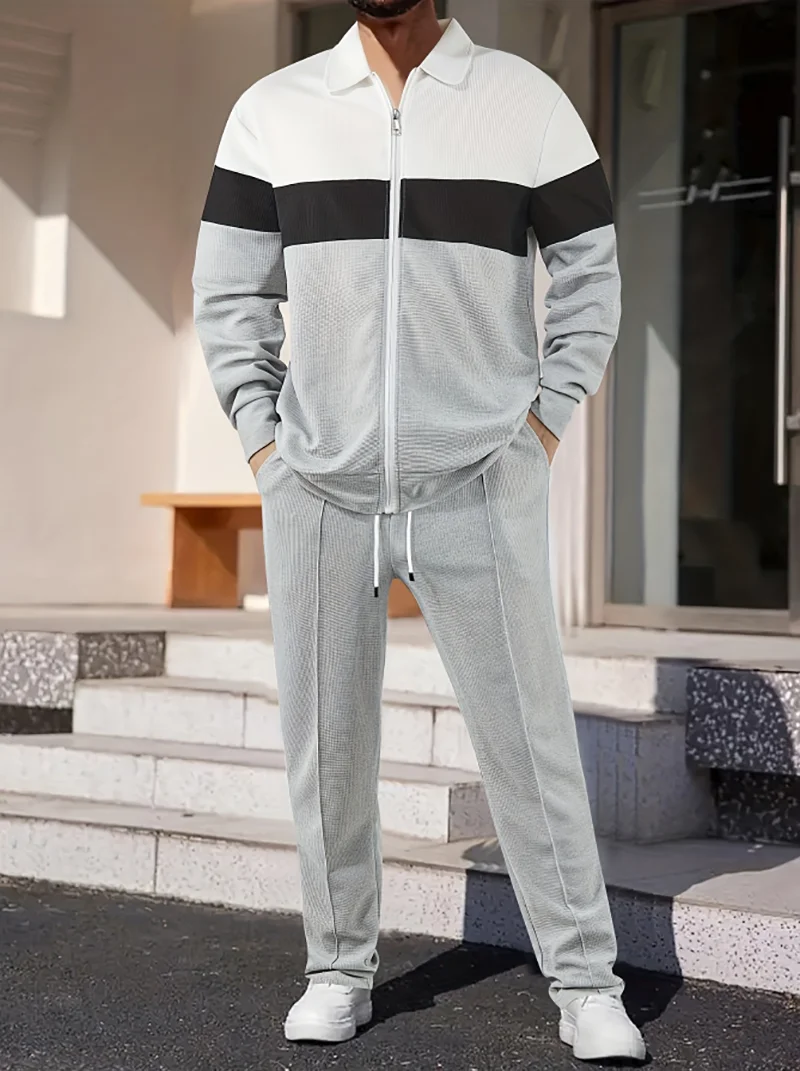 Men's Luxury Zipper Outerwear Set - Stylish Long Sleeve Top & Pants