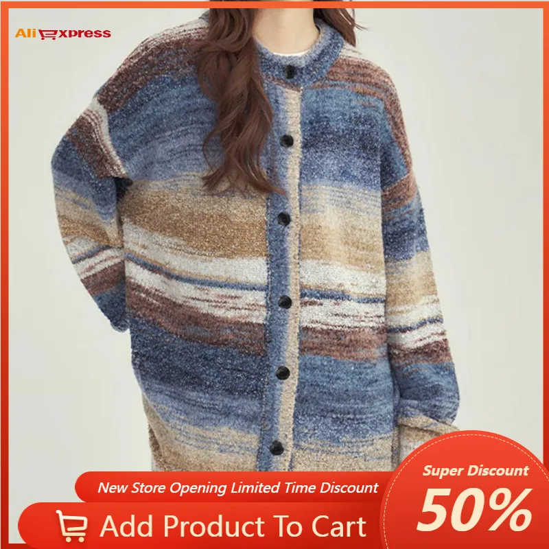 

2023 Autumn New Women's Loose Lazy Wind Hundreds of Painting Watercolor Lines Sweater Coat Urban Beauty