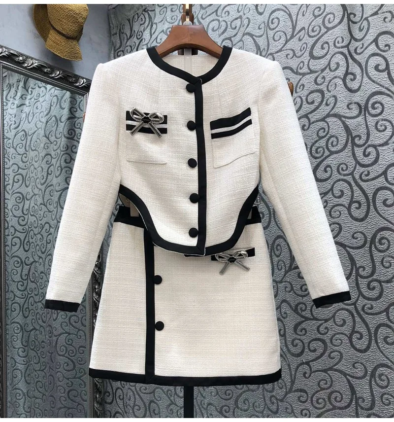 

Tops Fashion Designer Clothing Sets 2022 Autumn Winter 2 Piece Tweed Wool Suit Women Bow Deco Wool Coats+Mini Wool Skirt Sets