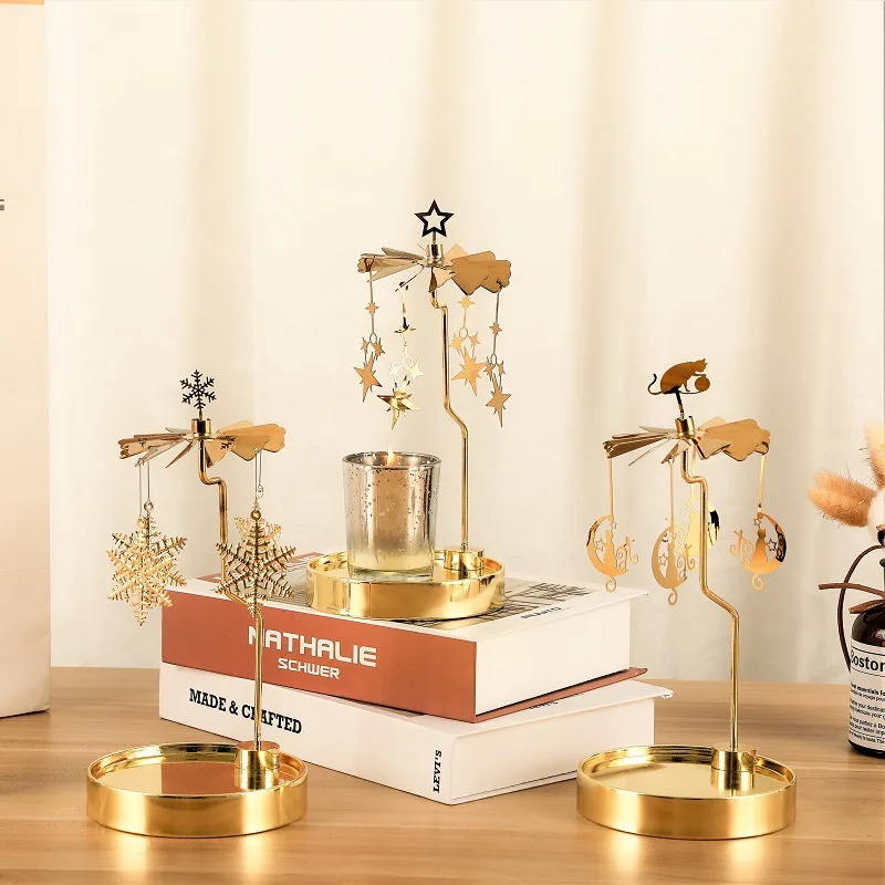 Candle Holders Triangle/Round Tray Rotating Xmas Deer Snowflake Carousel Spinning Heart Tea Light