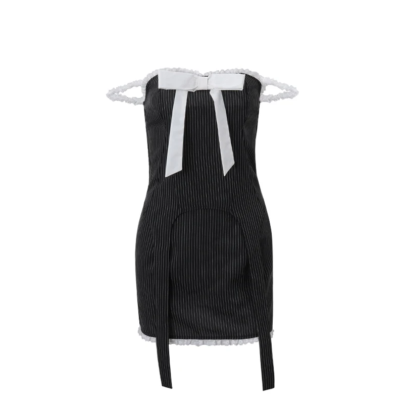 Xeemilo Elegant Stripe Print Outfits Aesthetic Bow Applique Irregular Tank Top With High-waist Slim Skirt Retro Gentle Women Set