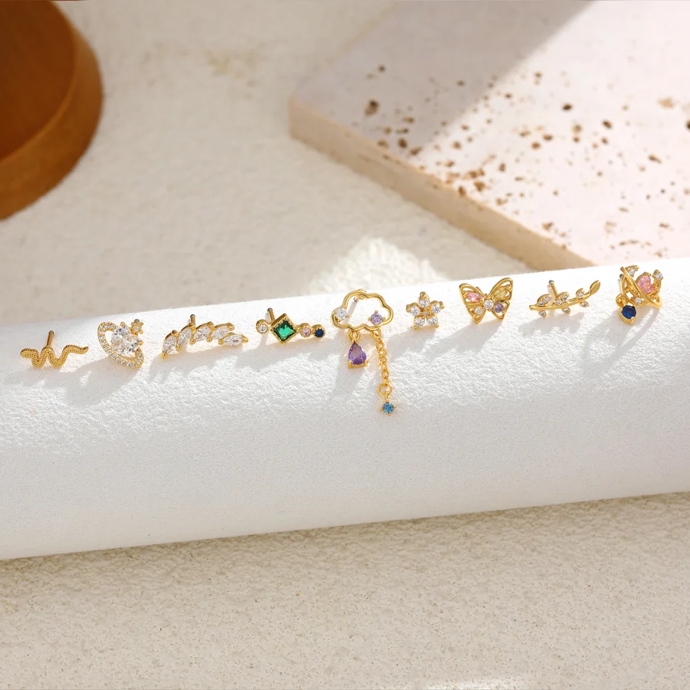 Personality Geometric CZ Zircon Navel Piercing Cute Mini Butterfly Flower Sparkle Crystal Stud Earrings Stainless Steel Jewelry