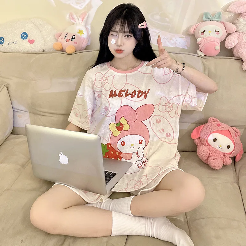 

Милая и милая Летняя женская пижама с коротким рукавом тонкий вязаный комплект домашней одежды мелодии из мультфильма Sanrio