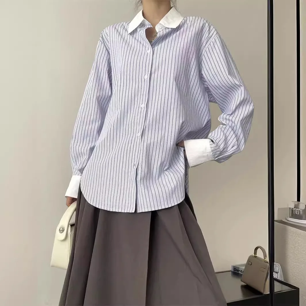 

Женская рубашка в синюю полоску, свободная рубашка с длинным рукавом в контрастном стиле, весна