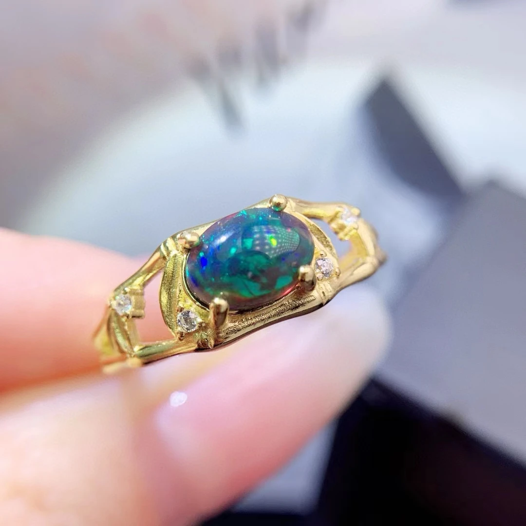 

Solid 925 Silver Black Opal Ring 6mm*8mm 0.8ct Natural Dyed Opal Jewelry with 3 Layers 18K Gold Plated Gemstone Jewelry