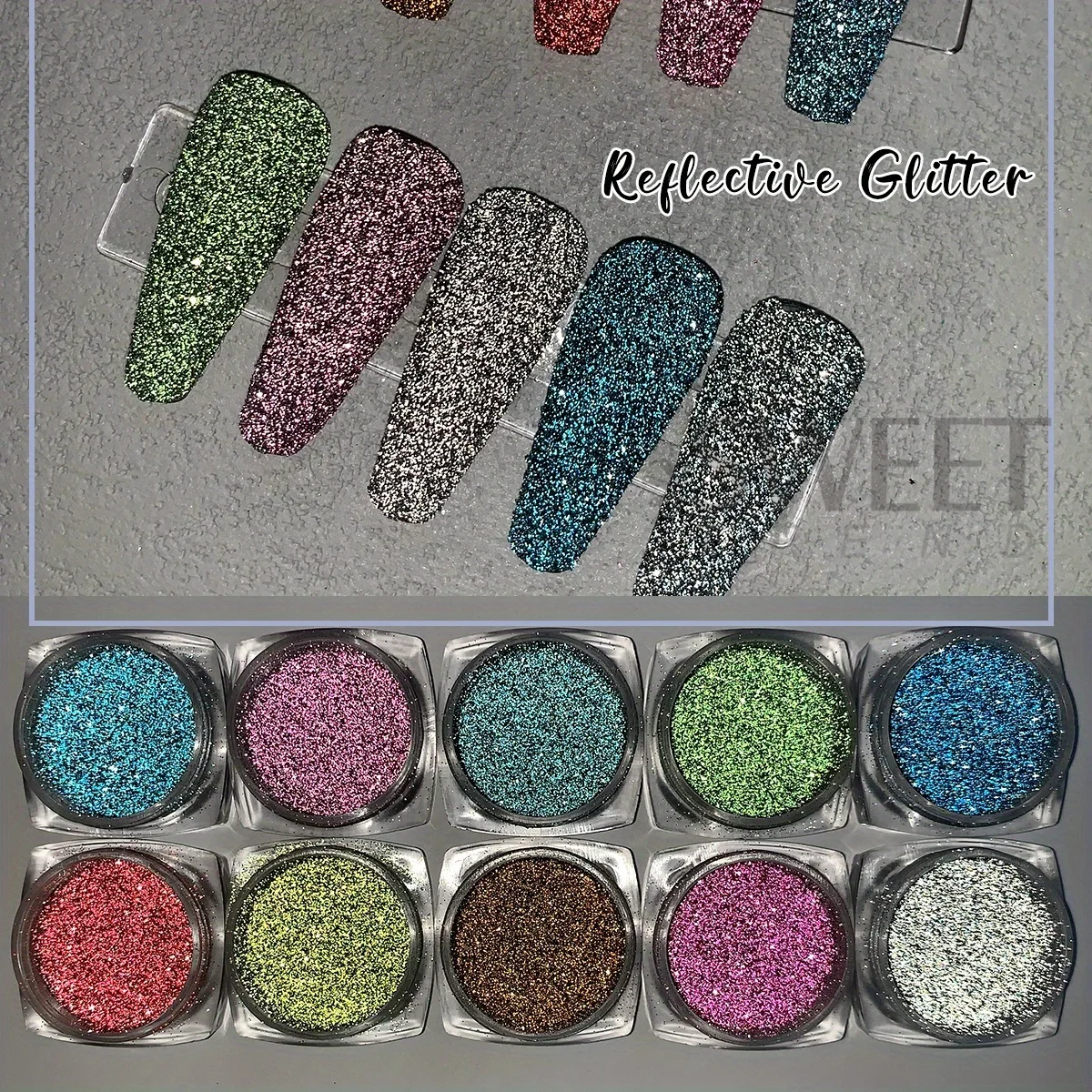 10pcs Rainbow Reflective Powder Nail Glitter Super Bright Silver Flashy Summer Color Holographic Pigment Sparkly Manicure Decor