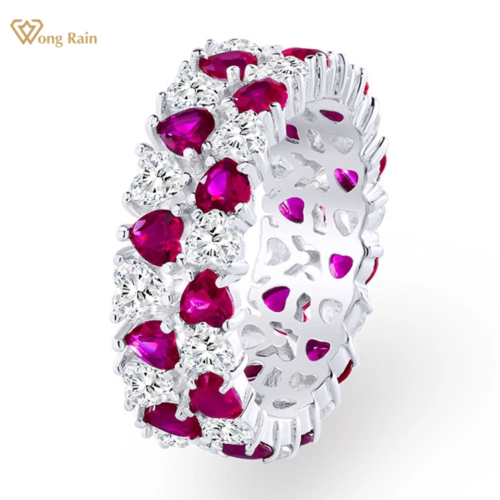 

Wong Rain 100% 925 Sterling Silver Heart Ruby High Carbon Diamond Gemstone Row Ring Fine Jewelry for Women Wedding Party Band