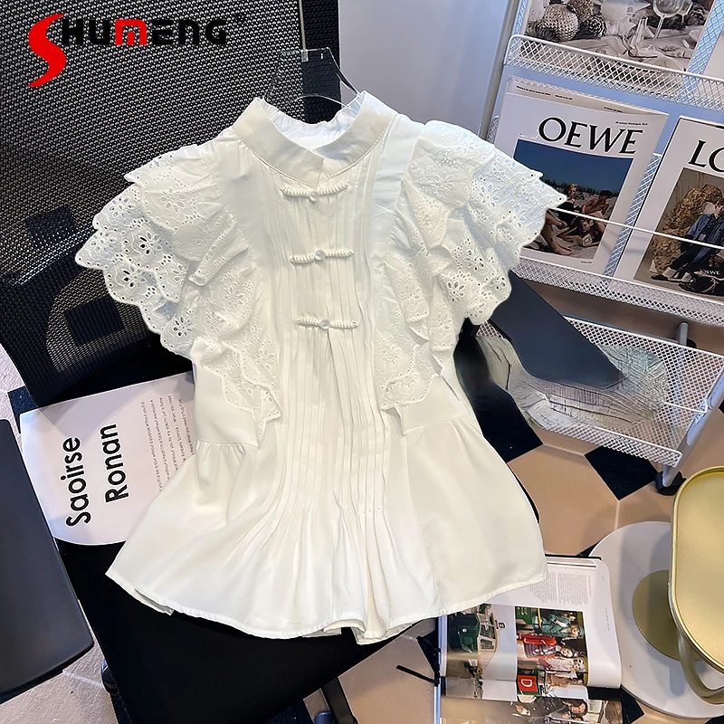 Summer Lady Temperament Fashion White Shirt Lace Stitching Flying Sleeve Blouse Women's Buckle Stand Collar Sleeveless Top