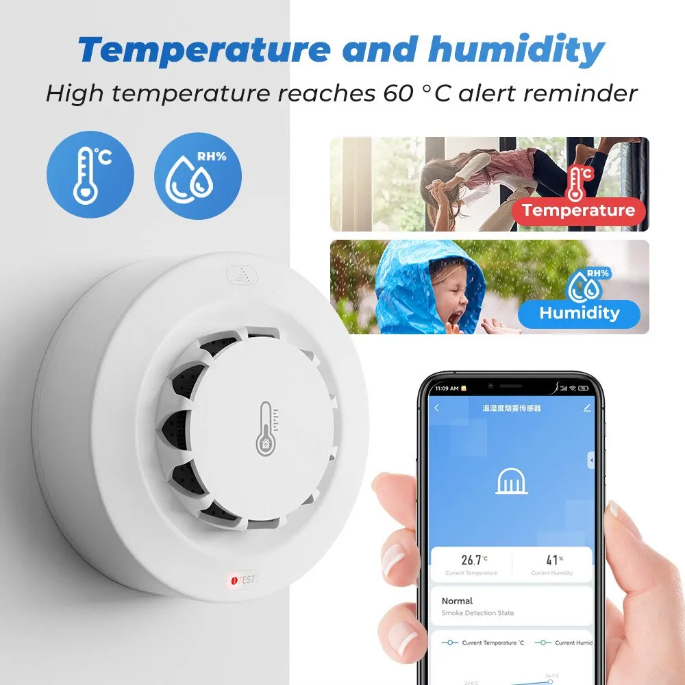 ONENUO WiFi Smoke Detector Alarm Fire Smoke with Temperature Humidity Detection 80dB Sound for Alexa Google Home Tuya Smart Life smoke alarm