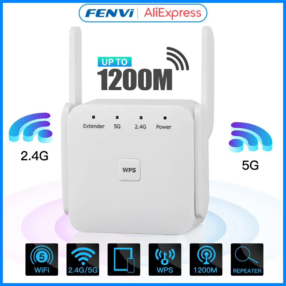 5Ghz AC1200 WiFi Repeater 1200Mbps Router WiFi Extender Amplifier 2.4G/5GHz  Wi-Fi Signal Booster Long Range Network Access Point