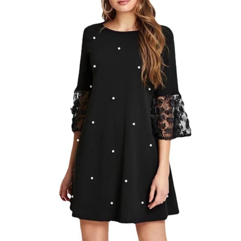 Fashion Solid Patchwork Wave Point A-line Skirt Spring Summer Elegant O-Neck Net Yarn Three Quarter Sleeve Loose Plus Size Dress