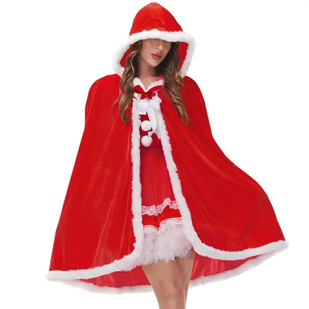 Christmas Santa Claus Cloak Mrs. Claus Hooded Cape Robe Xmas Velvet Shawl for Women Cindy Cosplay Halloween