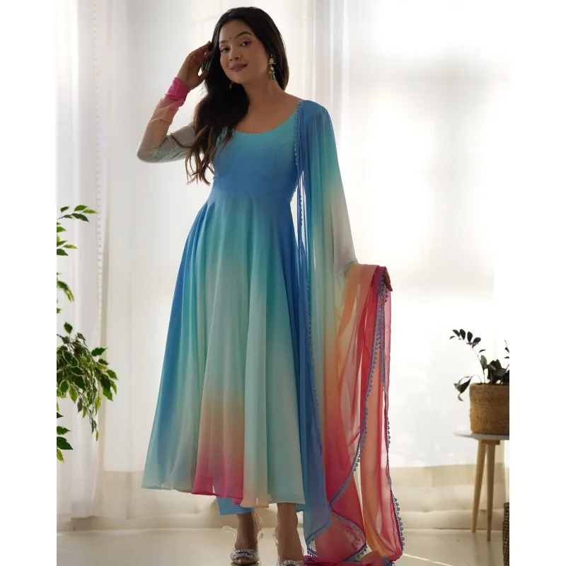 Pakistani Salwar Kameez Wedding Suit Blue Gradient Long Sleeved Round Neck Dress