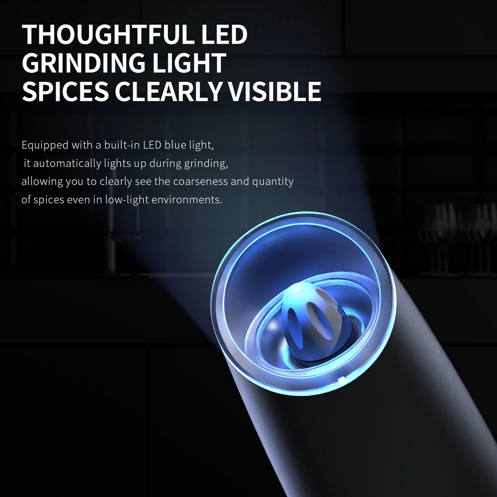 Gravity Sensing Electric Salt and Pepper Grinder for Kitchen Adjustable Coarseness Battery Automatic Spice Grinders Cooking Tool