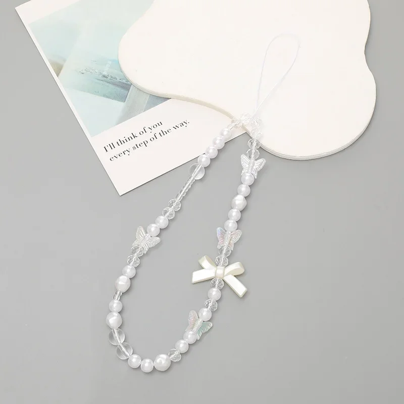 Fashion Crystal Bow Beaded Phone Chain Lanyard Jewelry Accessories Simple Non-slip Wristband Cellphone Case Rope for Women Gifts