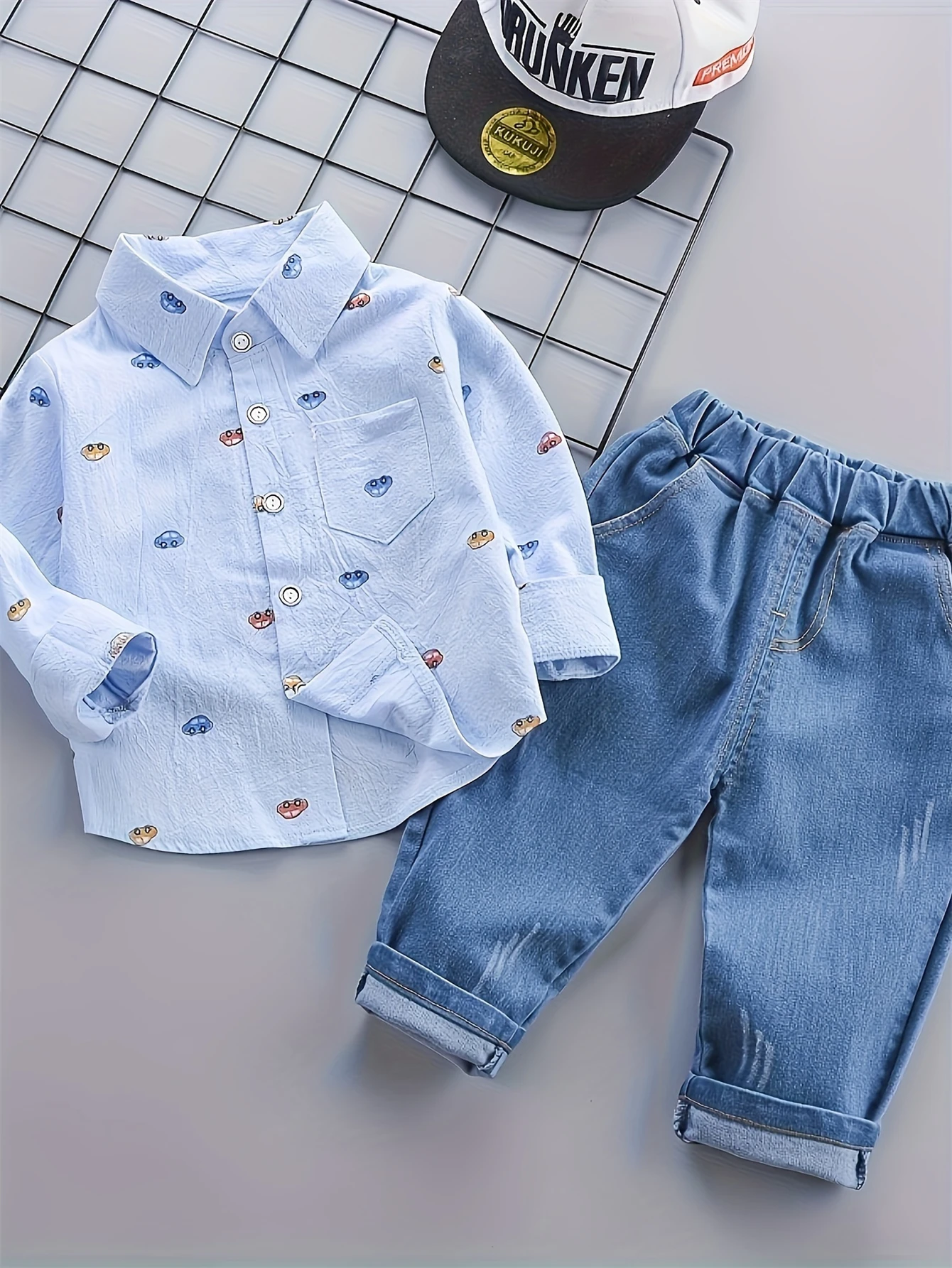 Infant Boys Daily Two Piece Clothes Set Adorable Car Print Long Sleeve Collared Shirt Elastic Waist Blue Denim Pants Suit 1