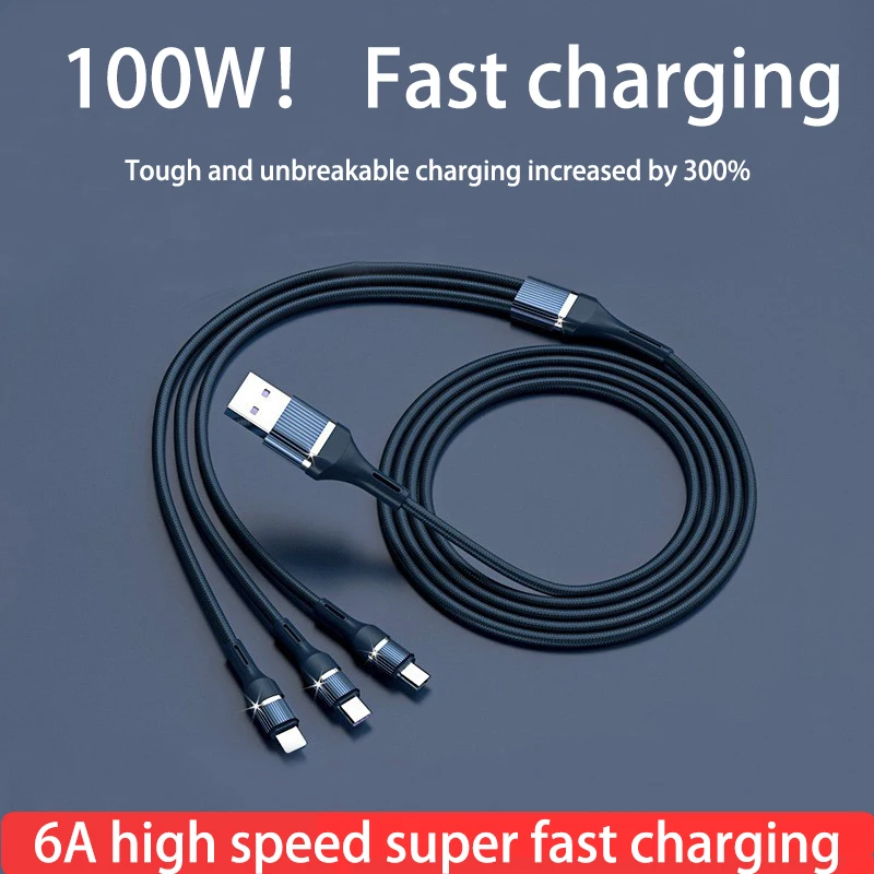 One Driven Three Data Lines 100W Super Fast Charging Type C Data Transmission 6A High Current Durable Braided Three In One