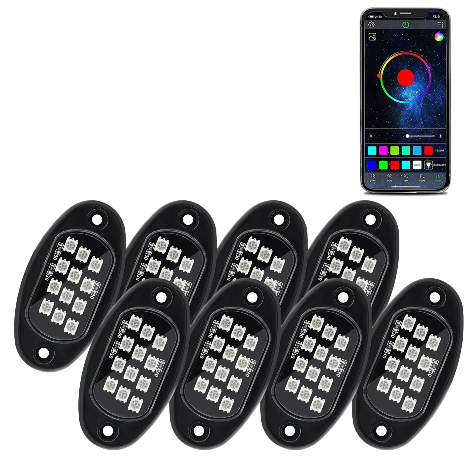 LED 락 라이트 8개, 멀티컬러 LED 조명, 밝기 조절 가능, 방수 기능, 앱 및 블루투스 연동, 음악 기능 탑재, SUV, ATV, UTV용