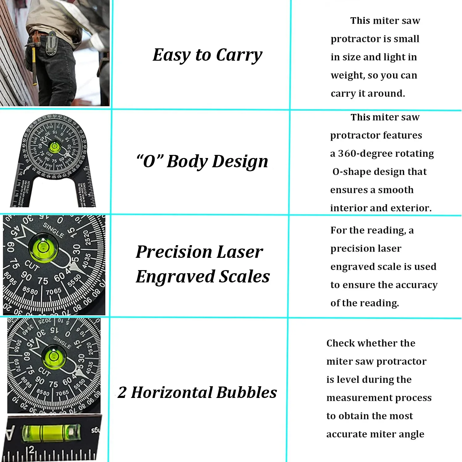 Miter Saw Protractor Aluminum 360&deg; Rotatable Horizontal Angle Ruler Precision Laser-Inside & Outside Miter Angle Measure Finder