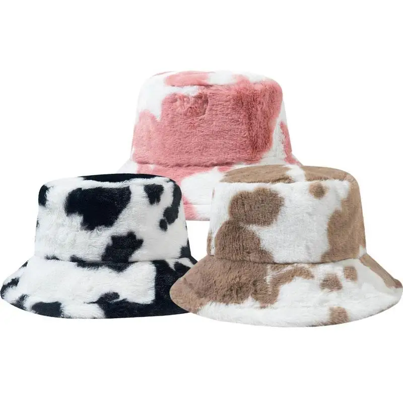 Fashion Winter Cow Print Women Bucket Hat Faux Fur Outdoor Lady Fisherman Fluffy Panama Warm Female Flat Cap Plush Furly U8k8 fisherman hat