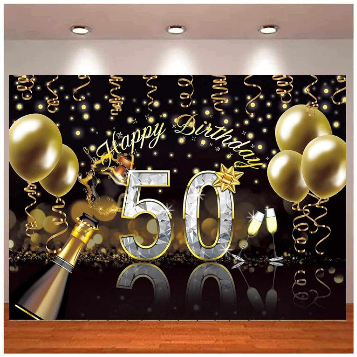 

Happy 50th Birthday Photography Backdrop Black Gold Balloons Champagne Shining Diamond Women Men Photo Background Shoot Decor