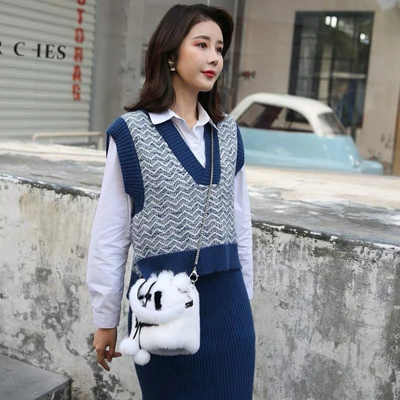 Fashion Women's Fur Bag High Quality Natural Mink Fur Round Bucket Bag Drawstring Closed Winter Shoulder Fur Bag