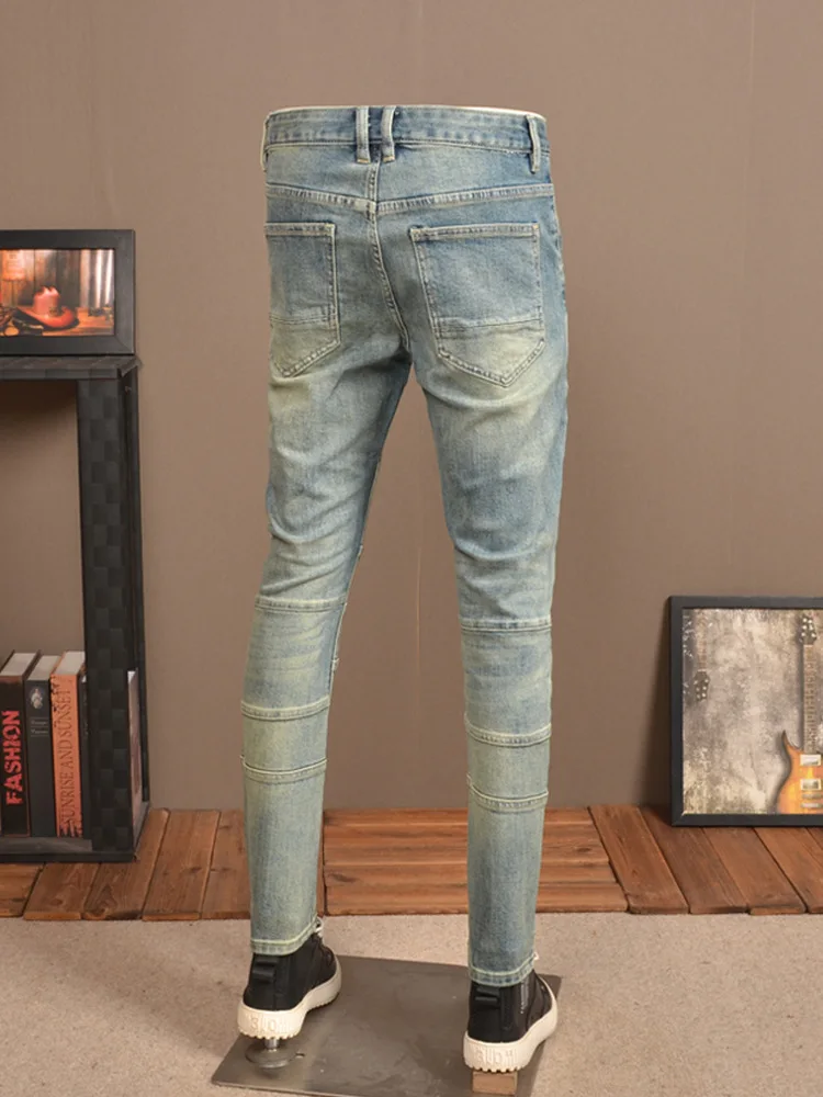 Retro Nostalgic Stitching Jeans Men's Stretch Tight Feet High-End Washed Casual Fashion Street Motorcycle Trousers