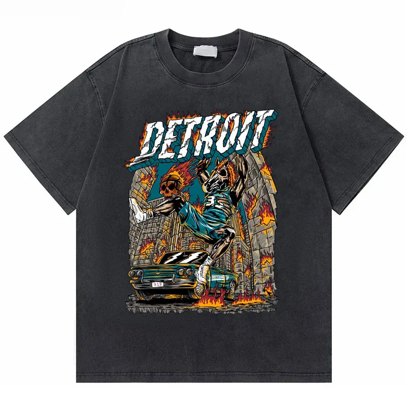 American Basketball Skeleton Dunk Vintage Washed Old Tshirt Summer Men'S Hip Hop Trend Streetwear T-Shirt Oversize Casual Maschile