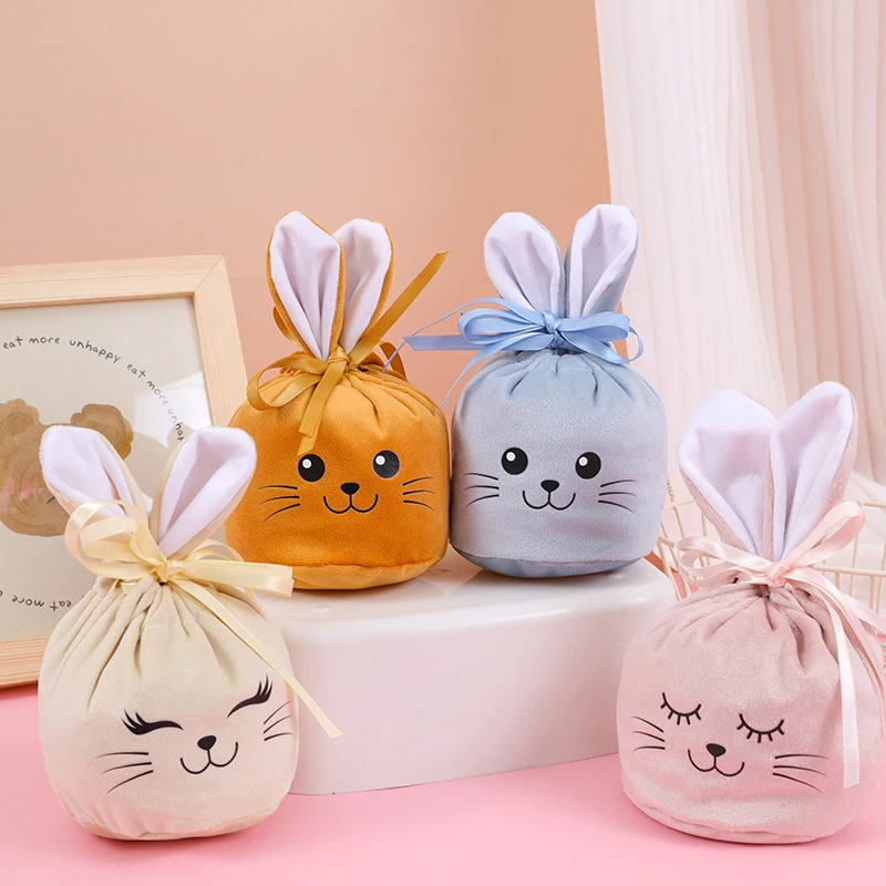 

Easter Bunny Bags Soft Velvet Drawstring Gift Bags Cute Bunny Shape Chocolate Candy Packaging Bag Easter Decor Gift Packing