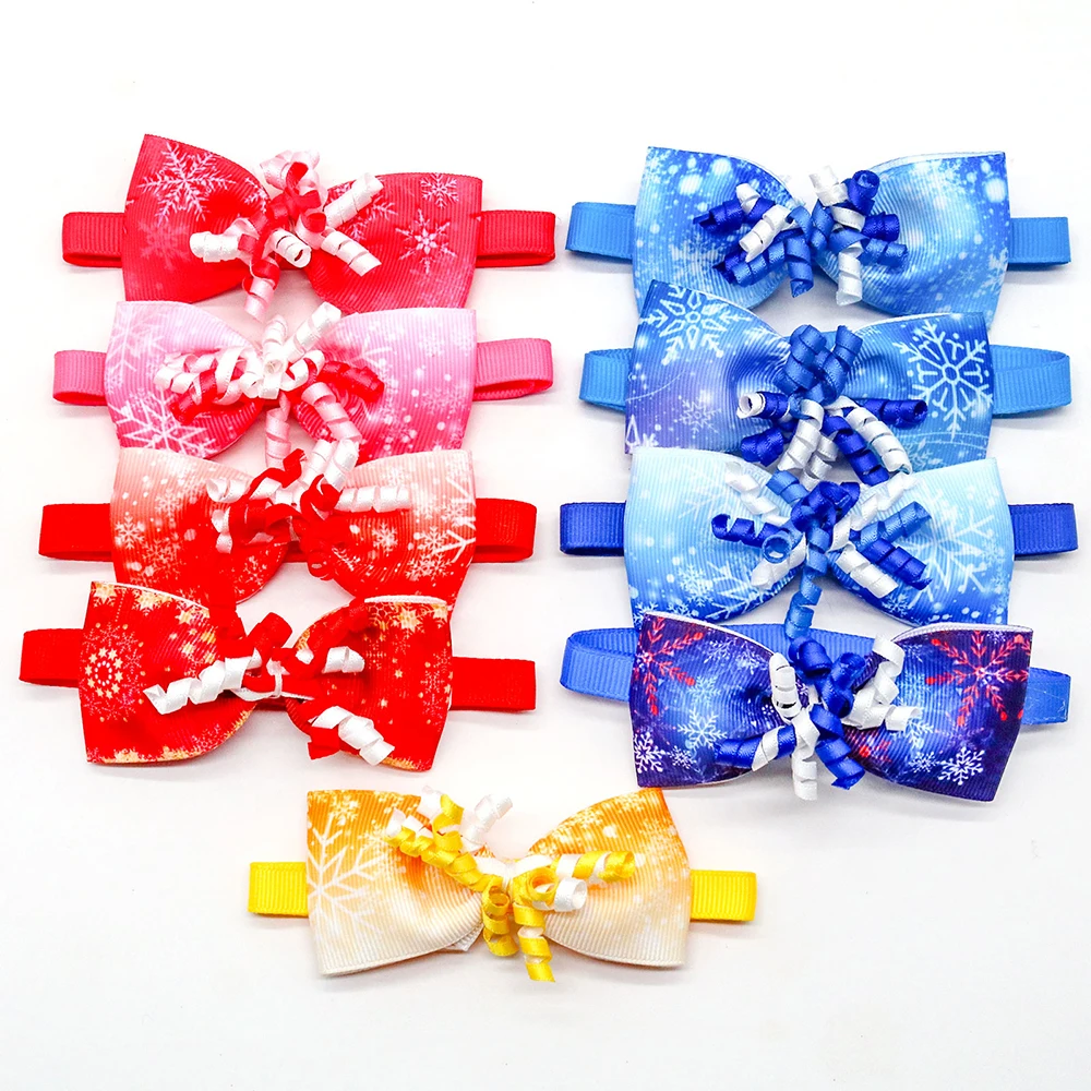 

50pcs Wholesale Dog Bows Pet Bowtie with Ribbon Grooming Winter Snowflake Adjustable Holiday Dog Collar for Small Dog Supplies
