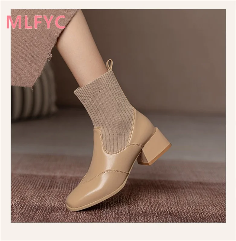 Short Boots Autumn Winter New Square Headed Knitted Elastic Women's Boots Fashionable and Simple Shoes female Boots