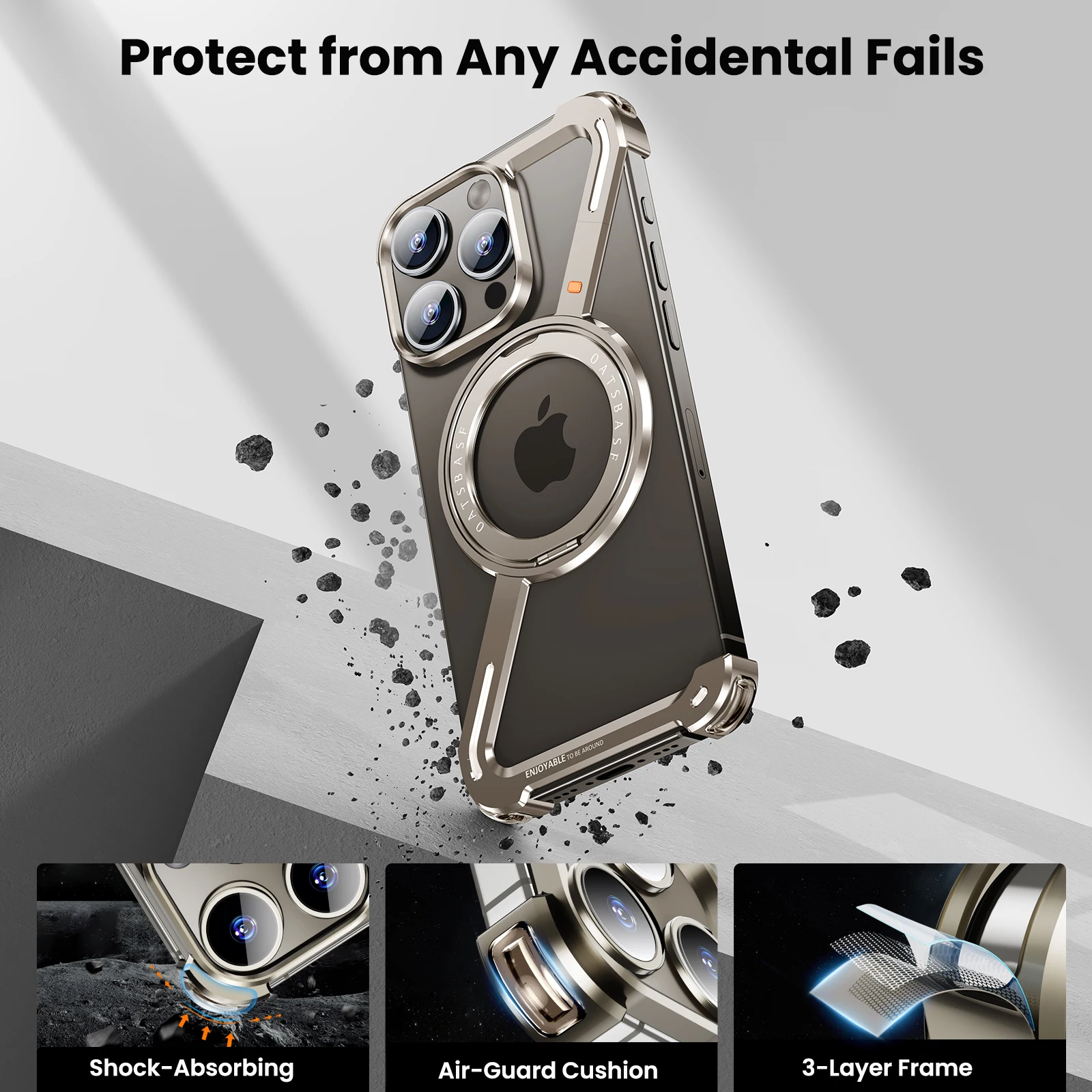 Oatsbasf Metall Magsafe Hülle für iPhone 13/14/15/16 Pro Max Bazel-Less Phone Cover Magnet Bumper mit 360 ° Drehbarer Ringhalter – Detail 5