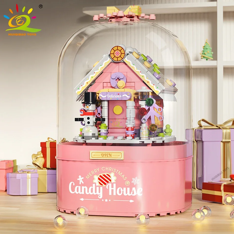 

HUIQIBAO Christmas Santa Claus House Music Box Model Building Blocks City DIY New Year Bricks Toys For Children Adult Gifts