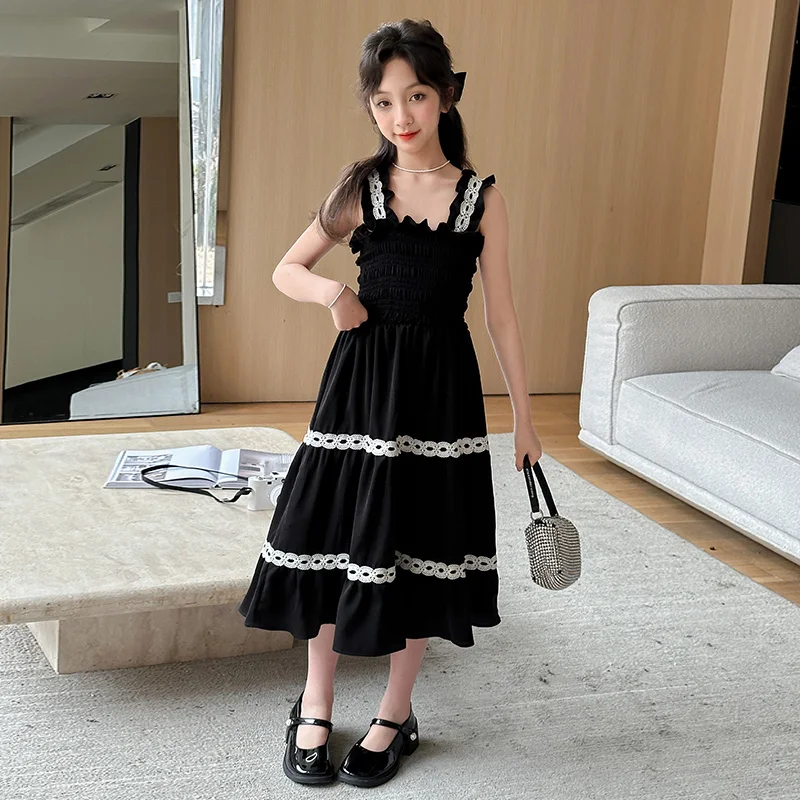 여름 주니어 그릴 프렌치 레이스 패치워크 민소매 긴 원피스 enfant 파일, 십대 어린이 블랙 정장 드레스, 6 8 10 12 14 옷
