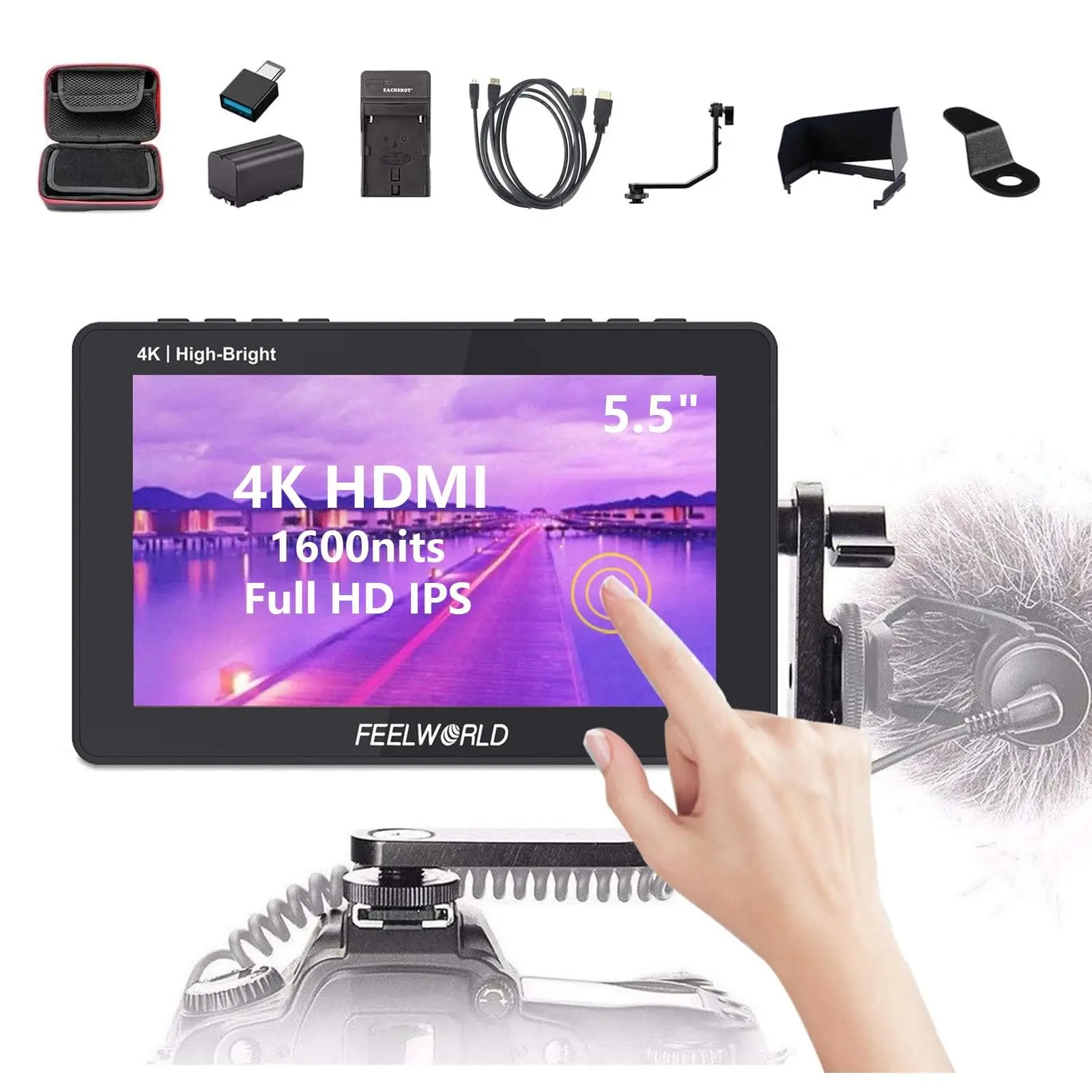 FEELWORLD F6 Pro +NP-F970 Battery, Charger, Storage Case kit, 5.5 Inch 4K HDMI Touch Screen On-Camera Monitor 1600nits 1920x1080