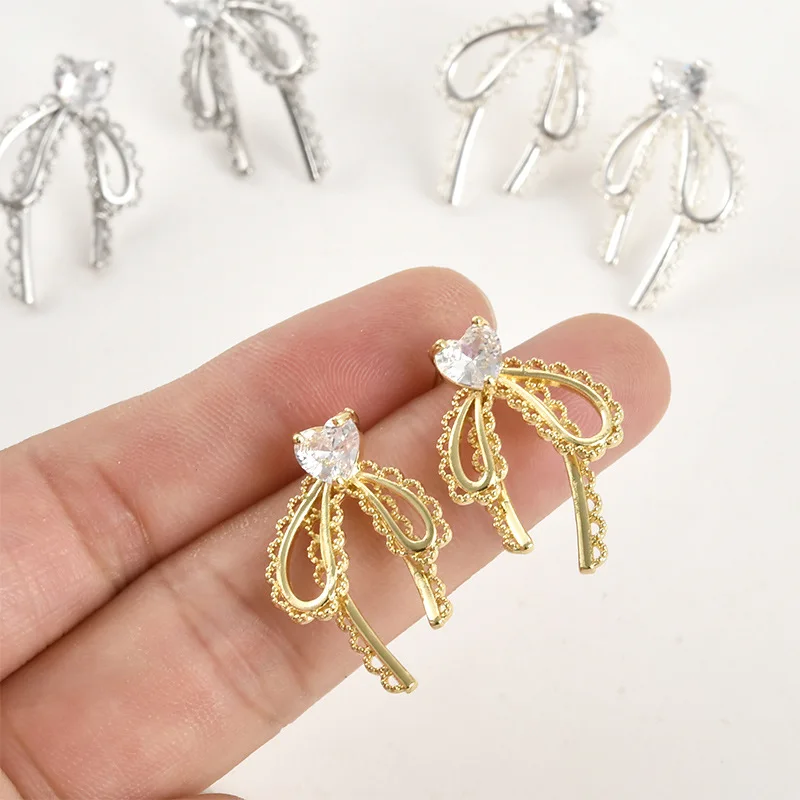 구리 도금 14k 골드 색상 보존 러브 지르콘 보우 스터드 귀걸이 DIY 수제 귀걸이 귀걸이